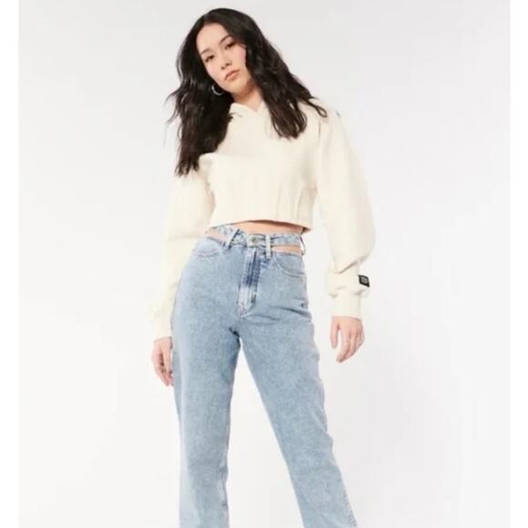 Hollister Social Tourist Ultra High Rise Straight Leg Jeans Cut-Out Waist, Blue - Picture 3 of 13